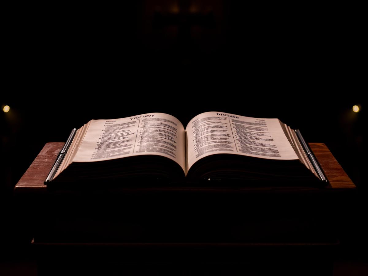 Open Bible on a pulpit under warm light