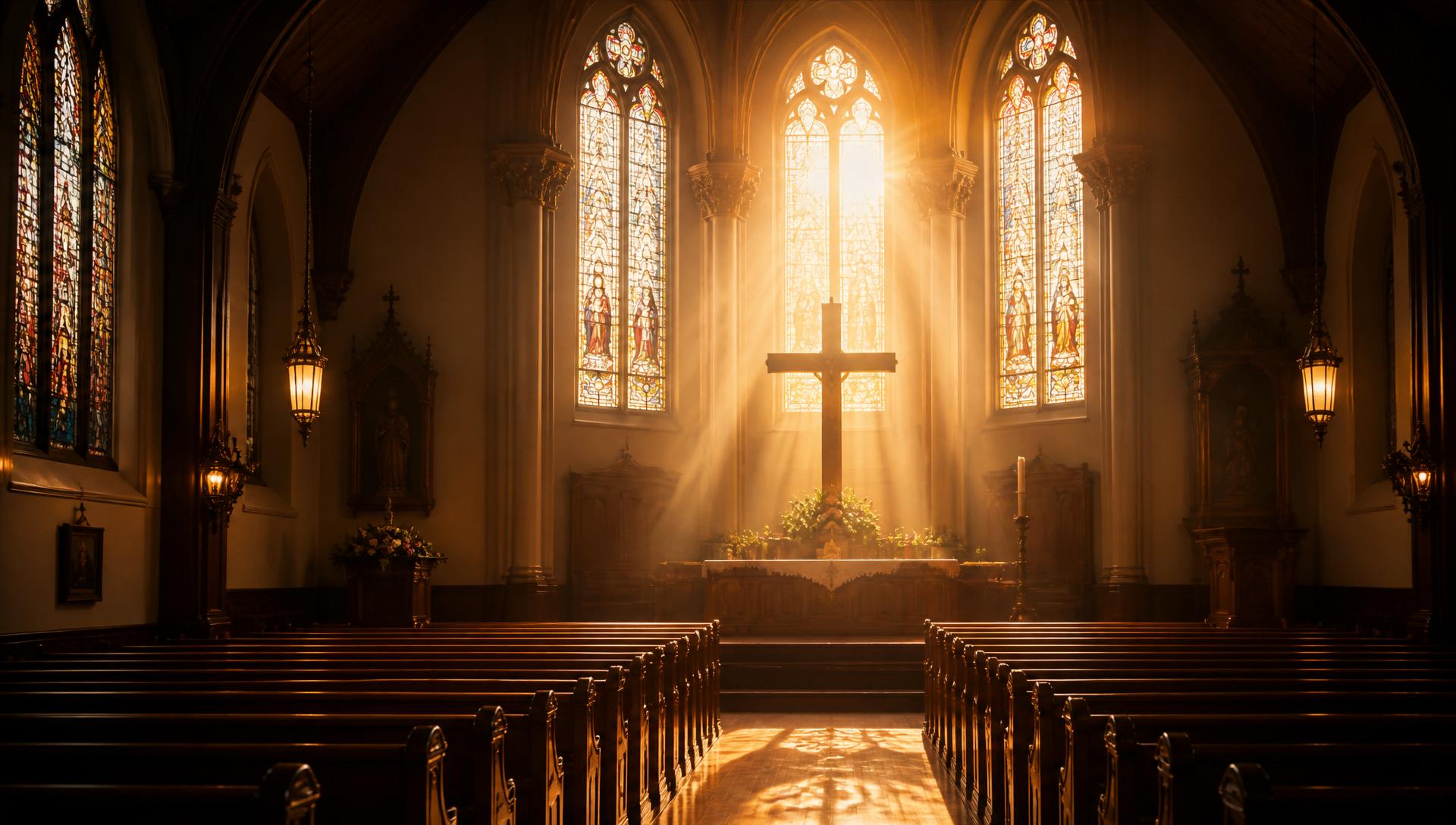 Church sanctuary with cross illuminated by golden light through stained glass